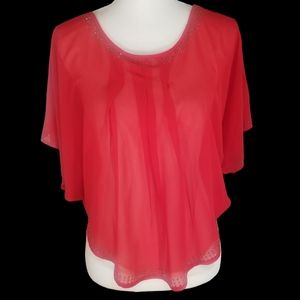 Love J. Red Sheer Butterfly Chiffon Top. M